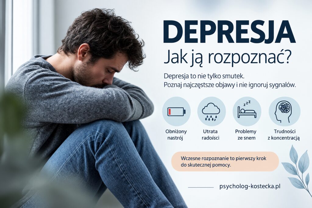 Infografika przedstawiająca objawy depresji oraz dostępne metody leczenie i wsparcia psychologicznego.