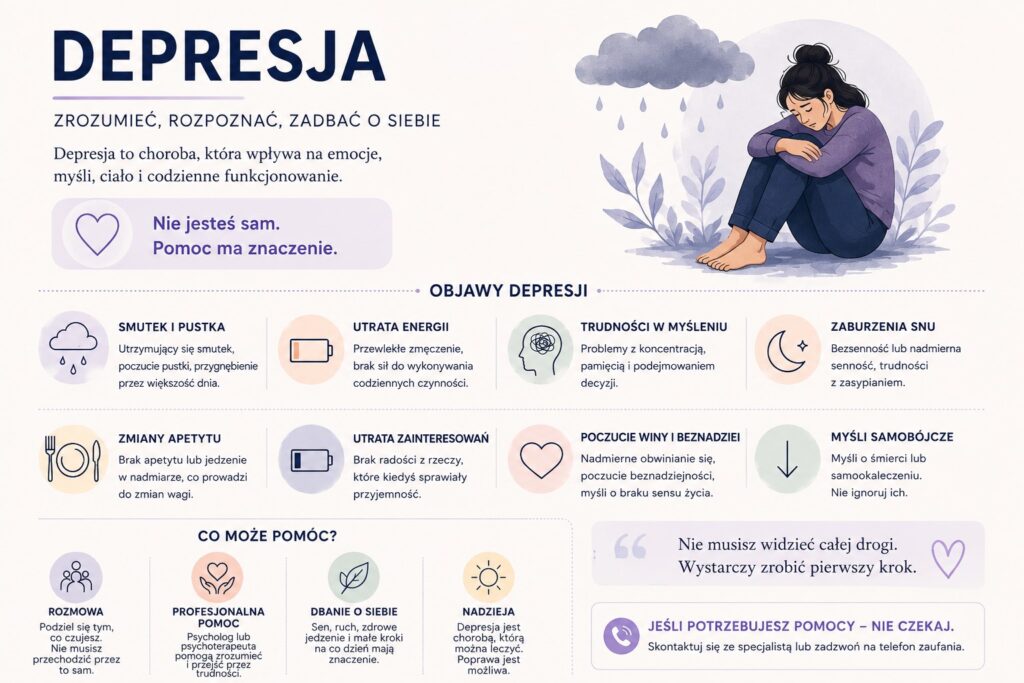 Infografika przedstawiająca objawydepresji oraz dostępne metody leczenie i wsparcia psychologicznego.