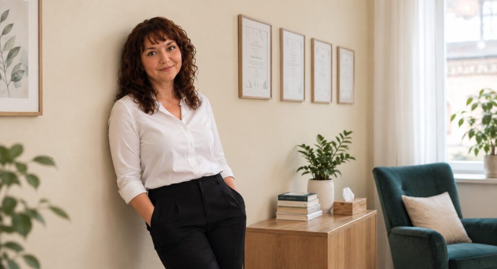 Mgr Renata Kostecka, psycholog i psychoterapeuta w gabinecie w Brzegu. Specjalistka psychoterapii CBT i EMDR.